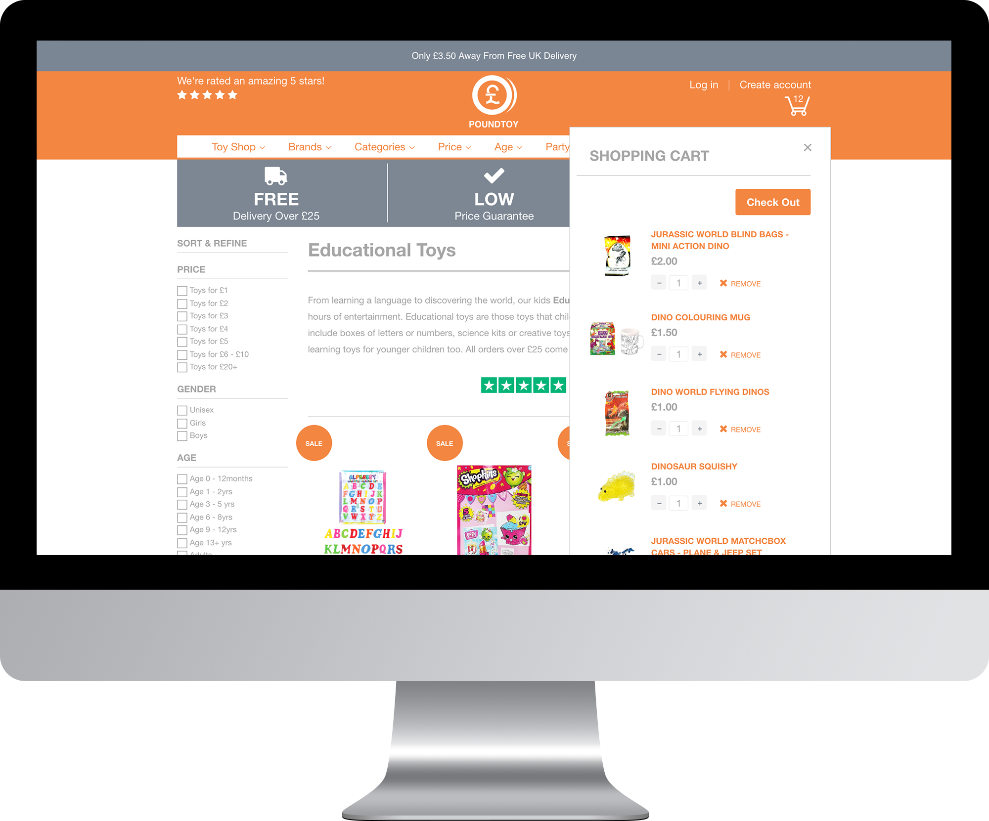a screenshot of the shopping cart pop up on PoundToy