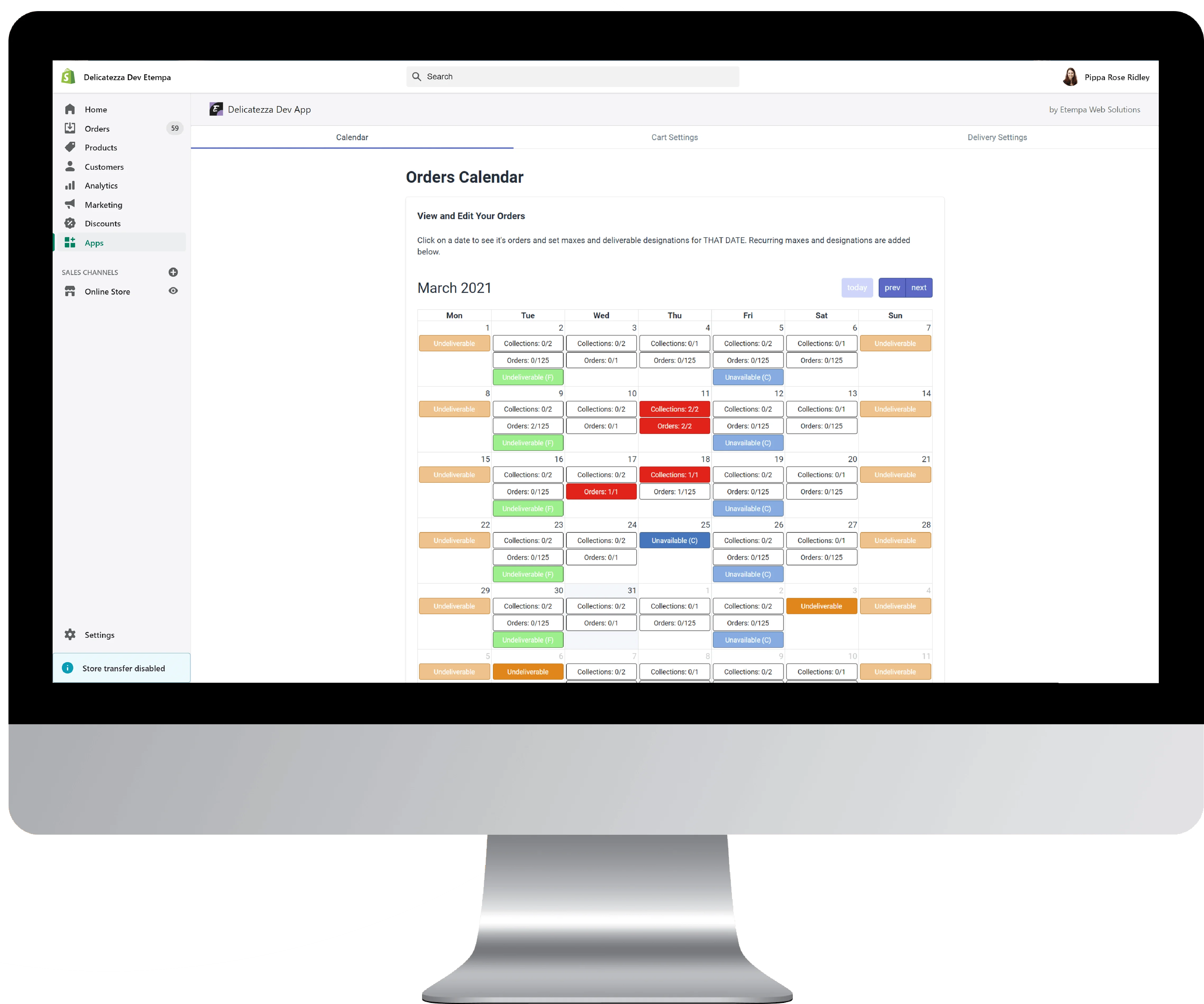 Delicatezza Shopify web app order manager with interactive orders calendar