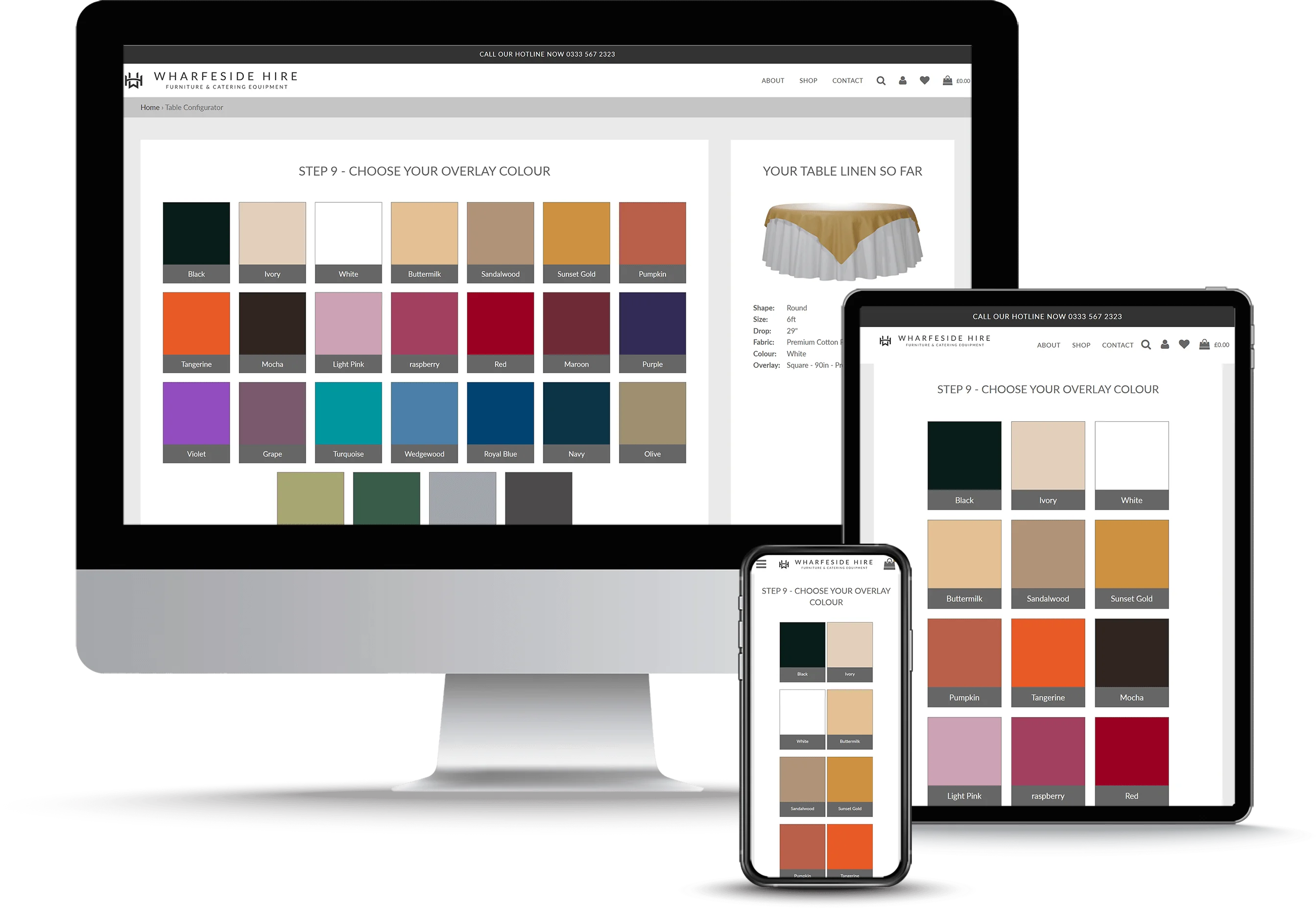 Wharfeside Hire Shopify web app wedding table product configurator with recursively rendered 3D generated imagery